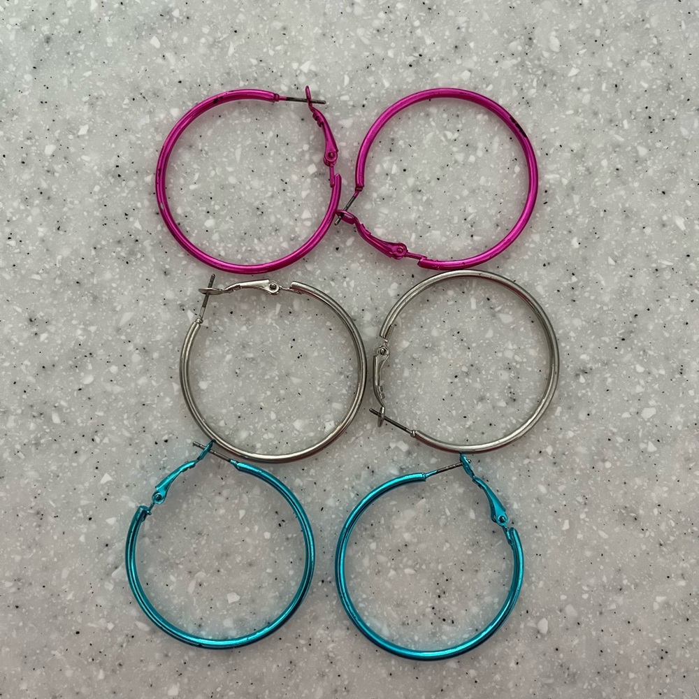 3 pairs metal hoop earrings - pink, turquoise & silver